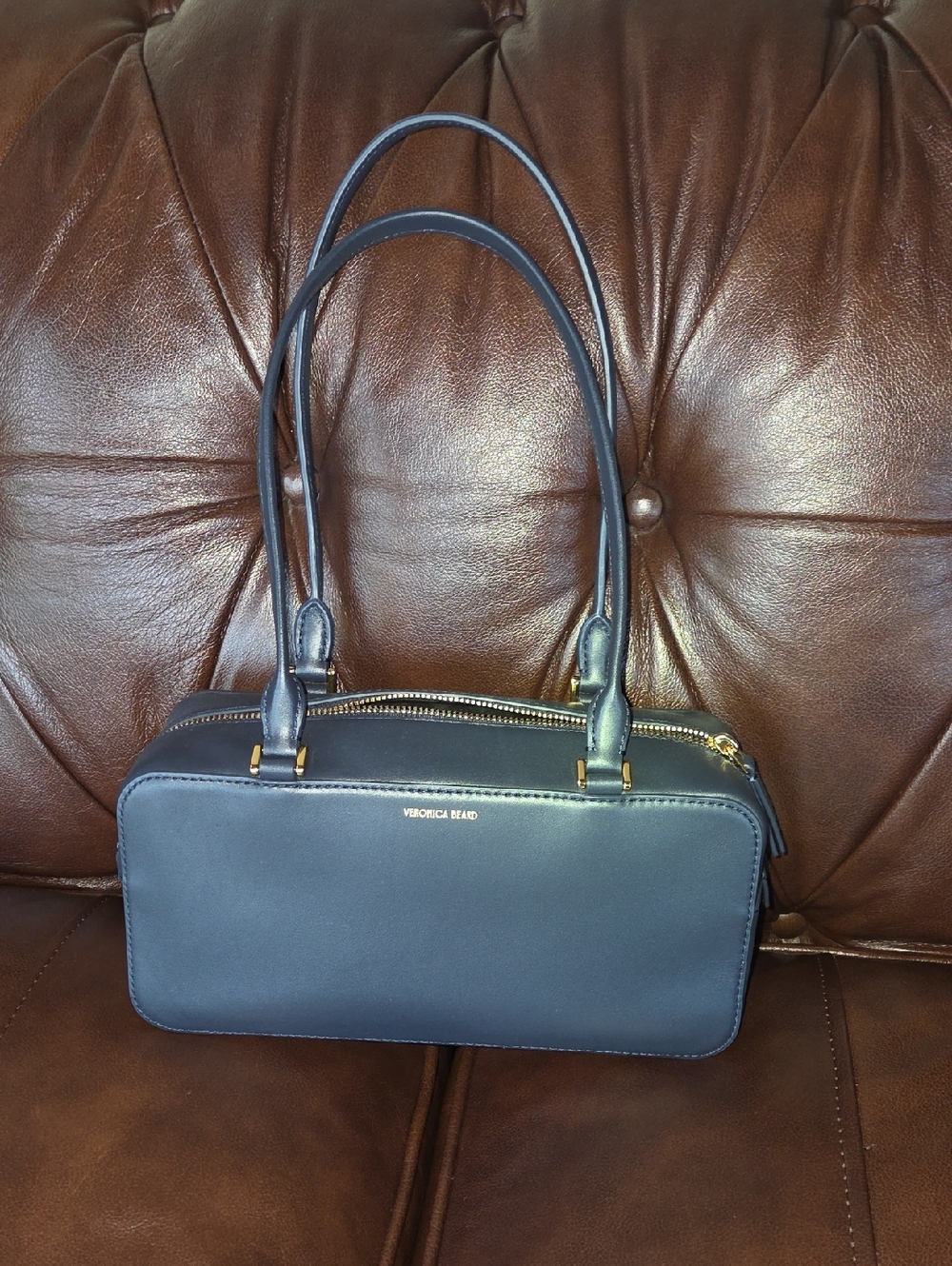 Veronica Beard Boxy Leather Shoulder Bag In Navy
